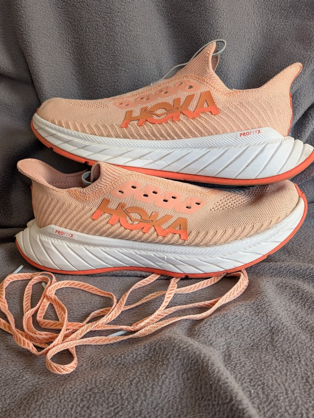 Hoka Carbon X3 Women's Slip-On Knit Running Shoes, Peach/Light Blue, Sz 9B